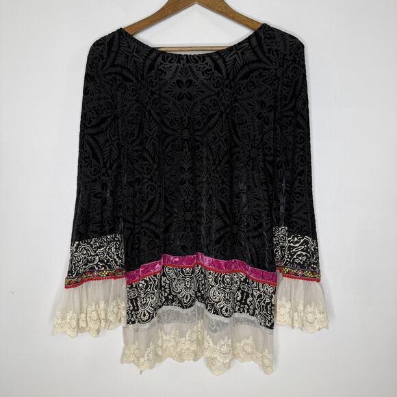 Ivy Jane Shirt Womens Large Black Velvet Burnout Lace Tunic Boho Made USA - Picture 7 of 9